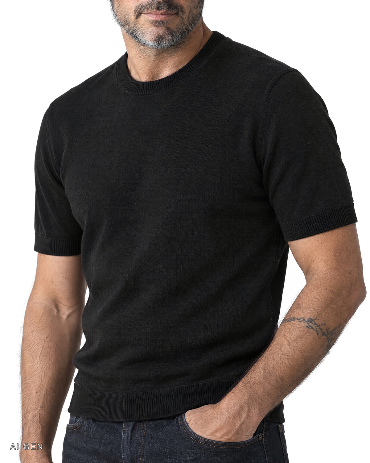CHIC NIGHT – maglia girocollo nera a mezza manica, indossata da un modello – dettaglio della maglia