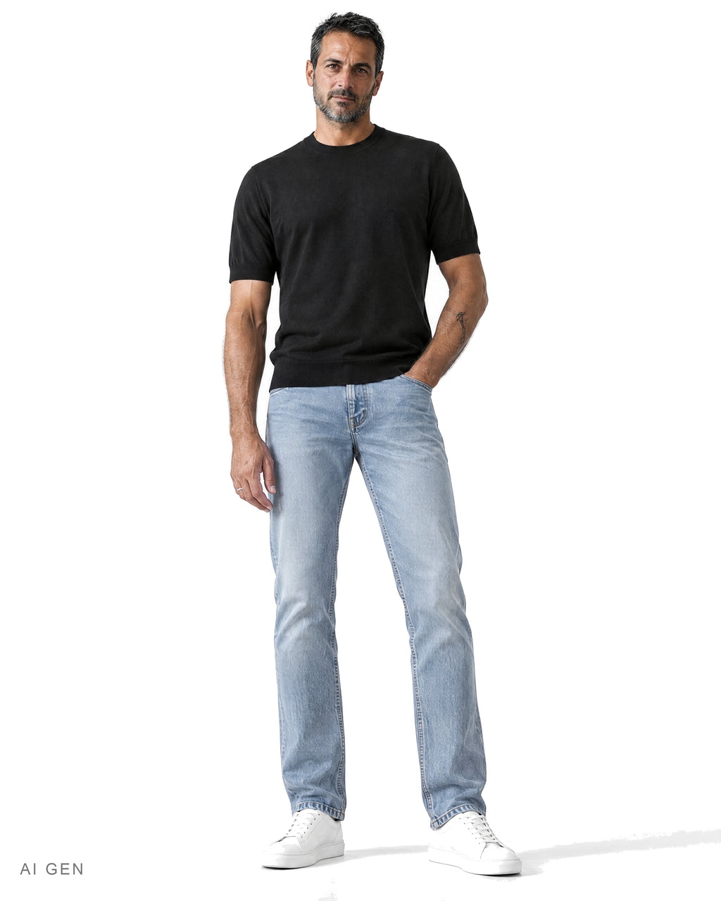 CHIC NIGHT – maglia girocollo nera a mezza manica, indossata da un modello – vista frontale