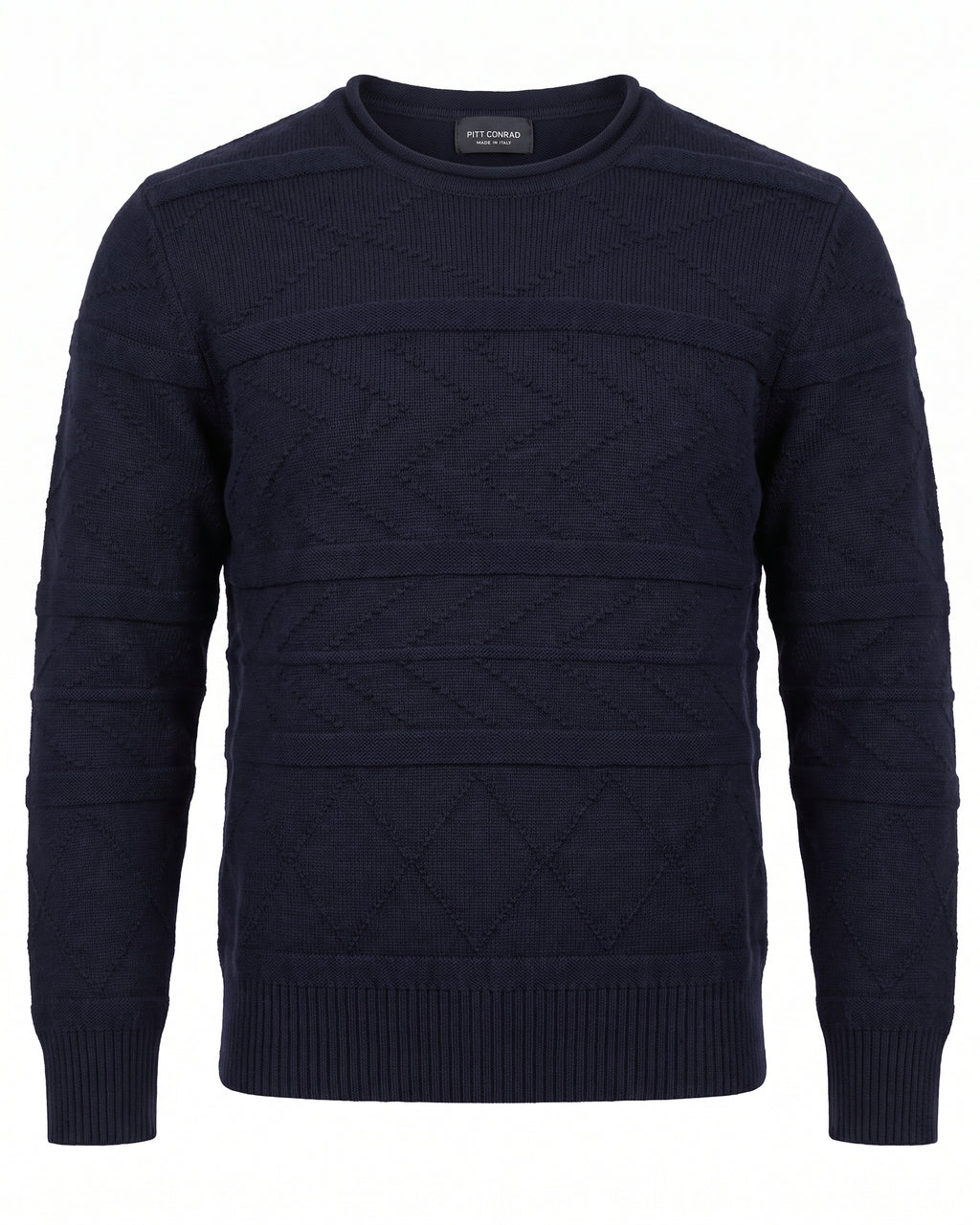 Maglione girocollo blu navy con trama chevron in rilievo – vista frontale