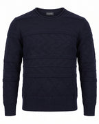 Maglione girocollo blu navy con trama chevron in rilievo – vista frontale