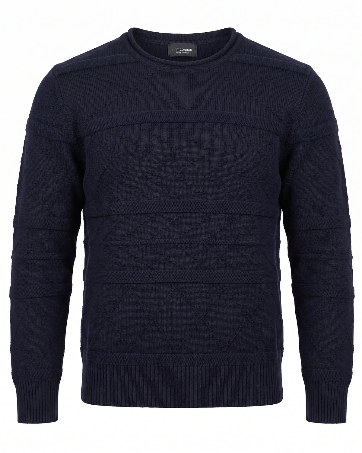 Maglione girocollo blu navy con trama chevron in rilievo – vista frontale