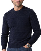 BLUE LINE – maglione girocollo blu navy con motivo a rilievo, indossato da un modello – dettaglio del rilievo