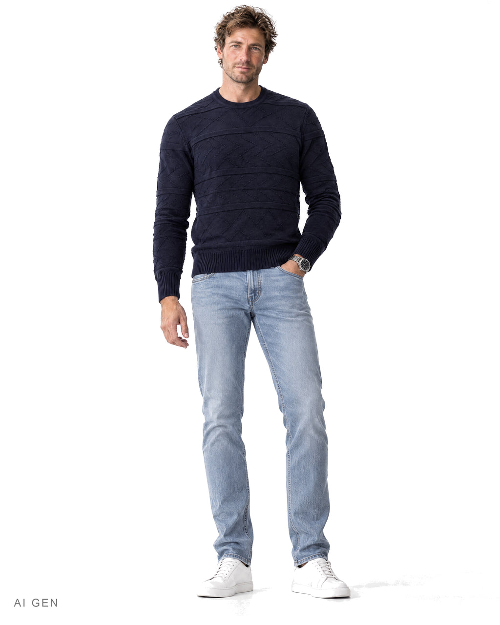 BLUE LINE – maglione girocollo blu navy con motivo a rilievo, indossato da un modello – vista frontale