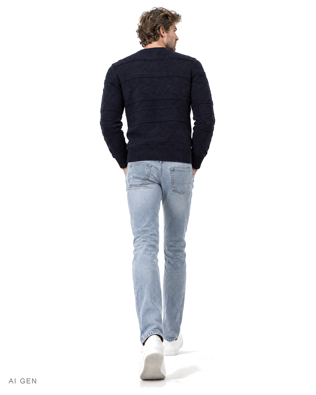 BLUE LINE – maglione girocollo blu navy con motivo a rilievo, indossato da un modello – vista posteriore