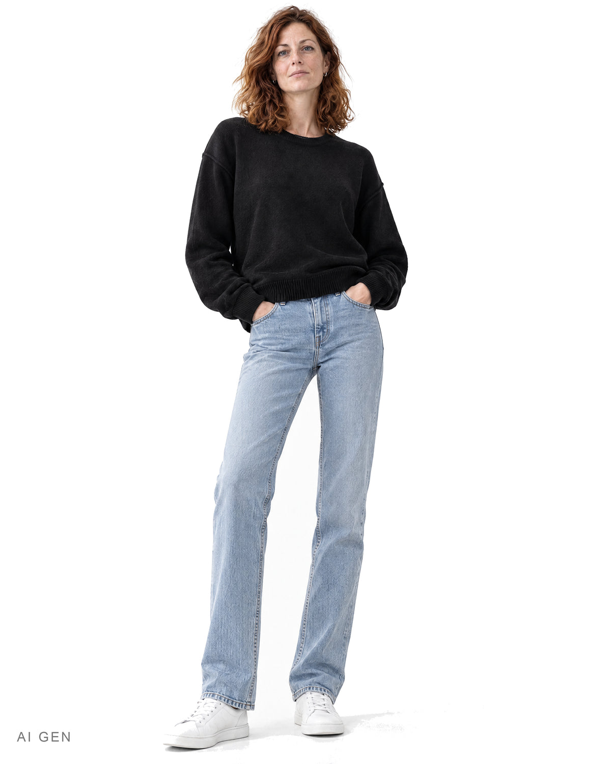 Pitt Conrad BLU DINNER – maglione girocollo nero oversize indossato da una modella, vista frontale