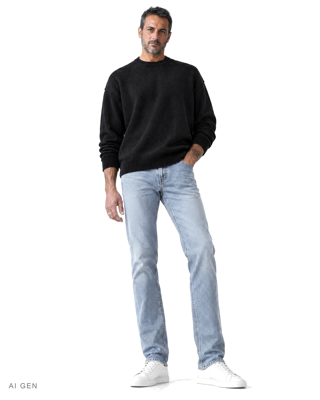 BLU DINNER – maglione girocollo nero oversize, indossato da un modello – vista frontale