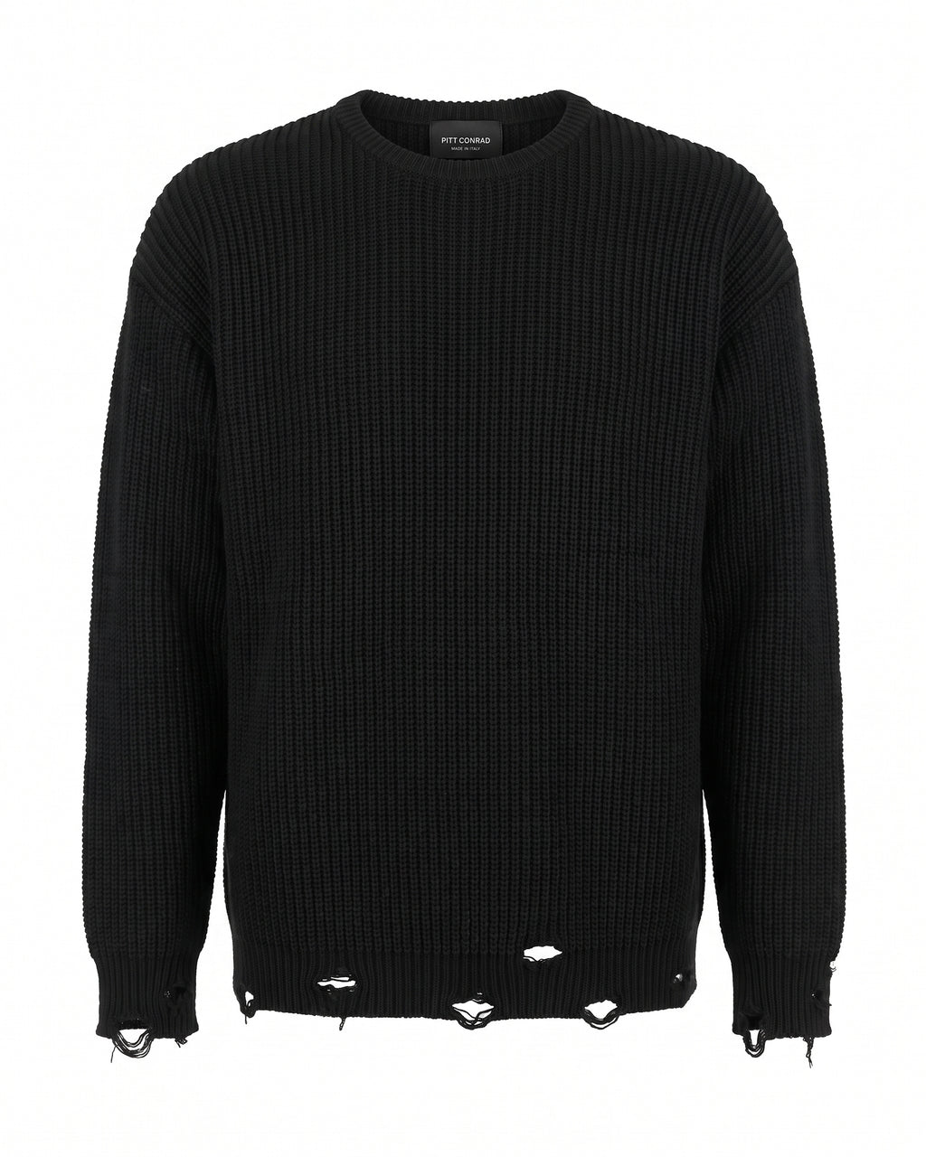 Maglione girocollo nero a coste effetto distrutto – vista frontale