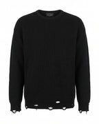 Maglione girocollo nero a coste effetto distrutto – vista frontale