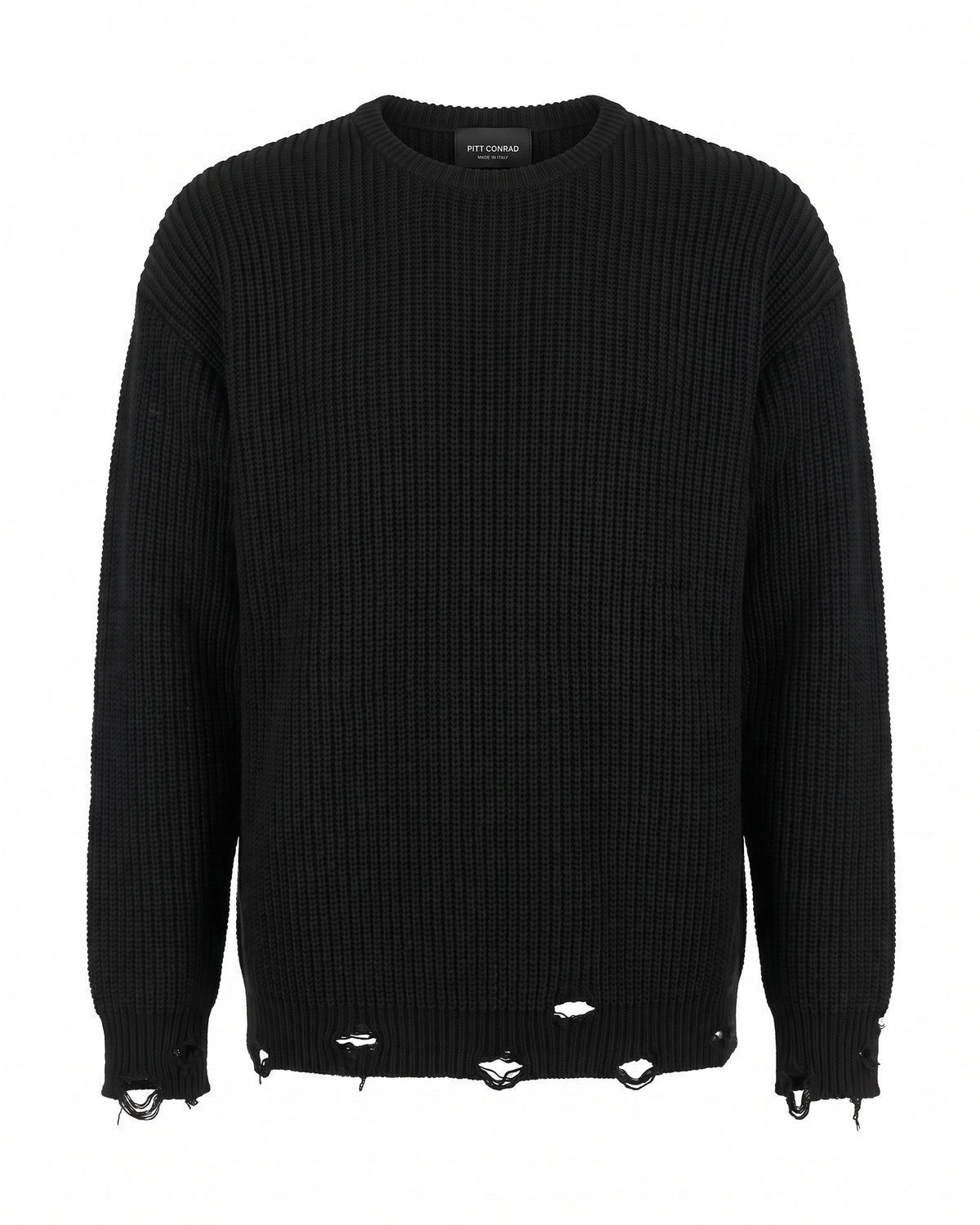 Maglione girocollo nero a coste effetto distrutto – vista frontale