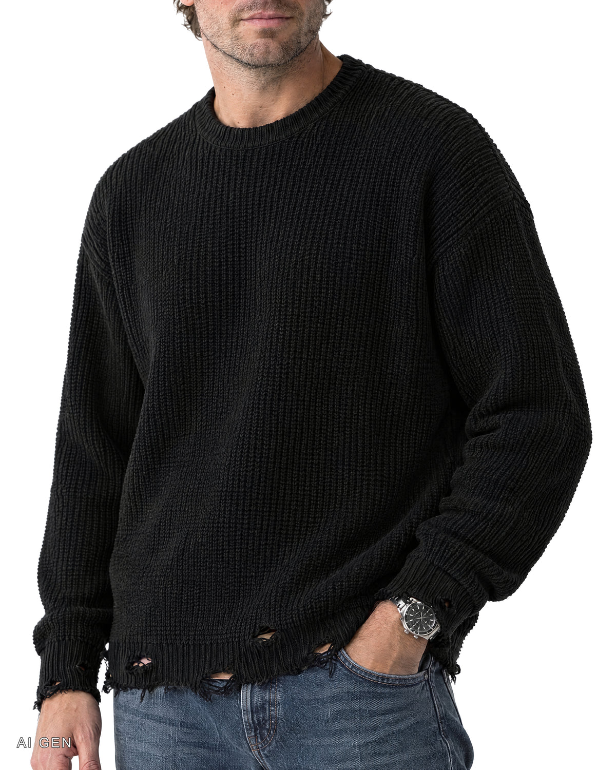BLACK VAMPIRE – maglione nero a coste effetto distrutto, indossato da un modello – dettaglio