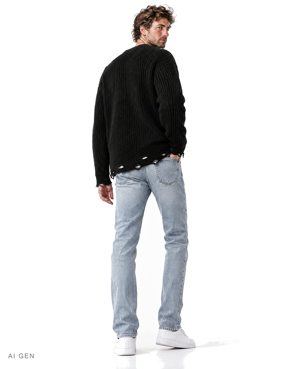 BLACK VAMPIRE – maglione nero a coste effetto distrutto, indossato da un modello – vista posteriore