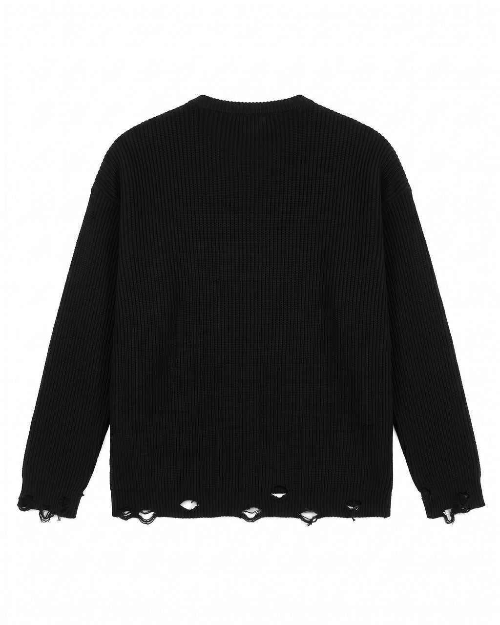 Maglione girocollo nero a coste effetto distrutto – vista posteriore