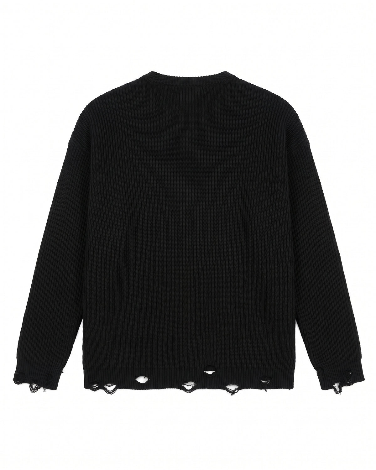 Maglione girocollo nero a coste effetto distrutto – vista posteriore