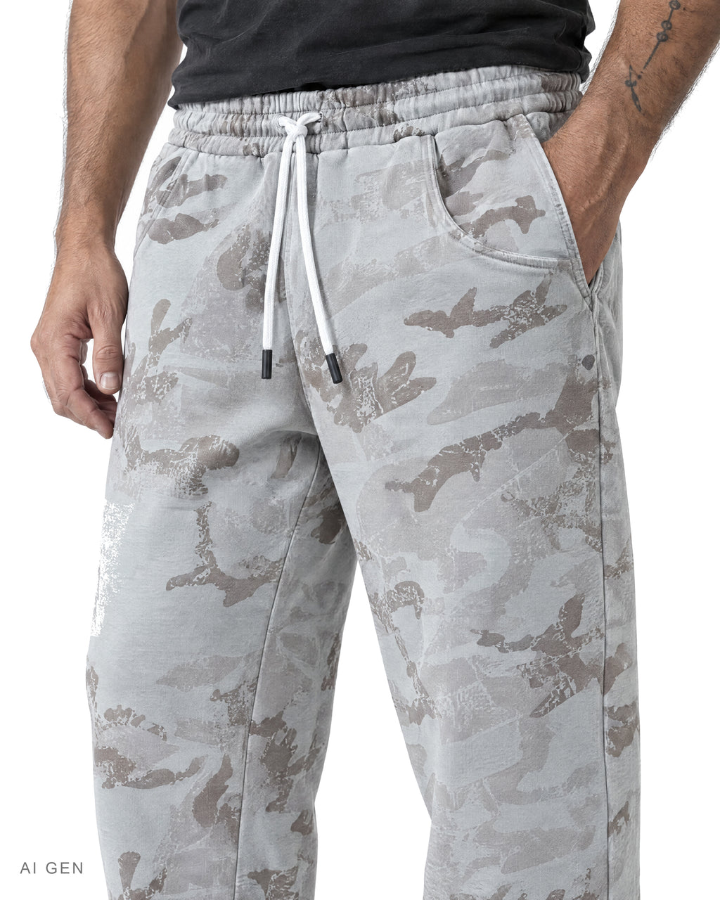 Pitt Conrad PURGE – pantaloni in felpa camouflage grigio chiaro indossati da un modello, dettaglio della vestibilità