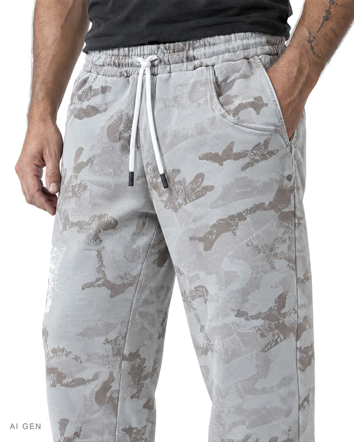 Pitt Conrad PURGE – pantaloni in felpa camouflage grigio chiaro indossati da un modello, dettaglio della vestibilità