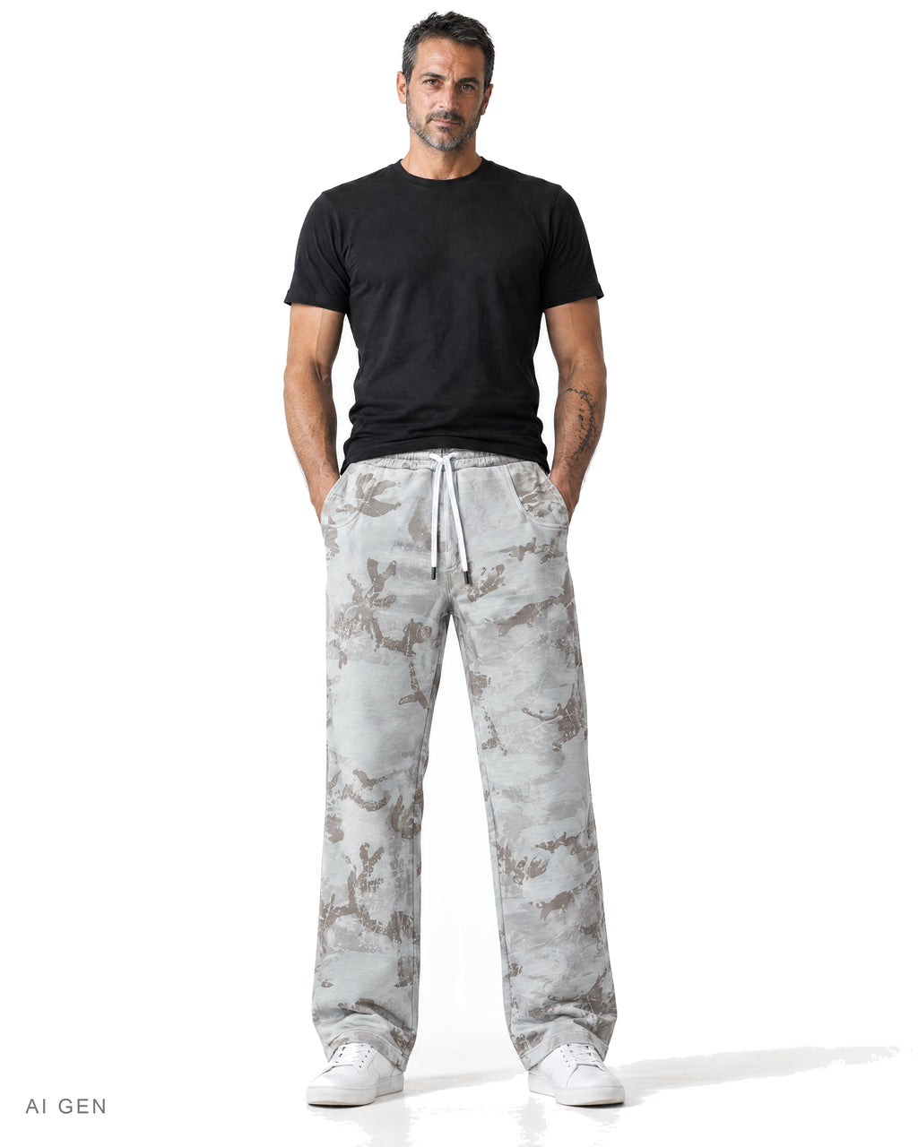 Pitt Conrad PURGE – pantaloni in felpa camouflage grigio chiaro indossati da un modello, vista frontale