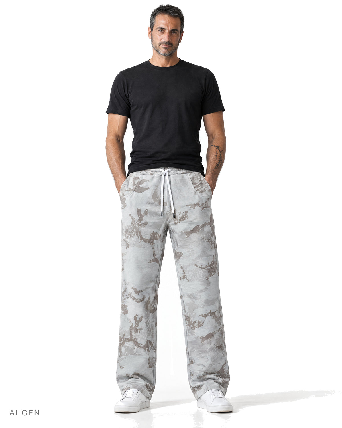 Pitt Conrad PURGE – pantaloni in felpa camouflage grigio chiaro indossati da un modello, vista frontale