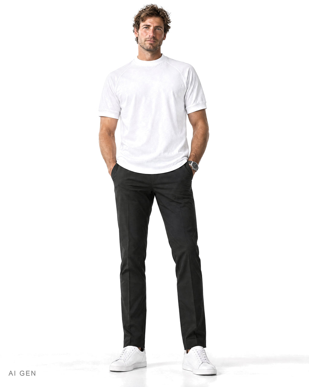 Pitt Conrad TECH PRIME – t-shirt bianca a collo alto con maniche raglan indossata da un modello, vista frontale