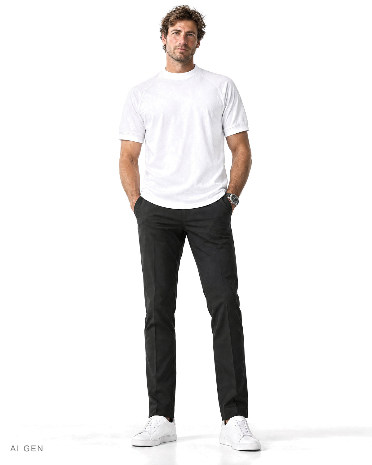 Pitt Conrad TECH PRIME – t-shirt bianca a collo alto con maniche raglan indossata da un modello, vista frontale
