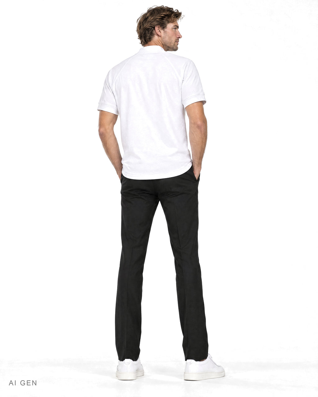 Pitt Conrad TECH PRIME – t-shirt bianca a collo alto con maniche raglan indossata da un modello, vista posteriore