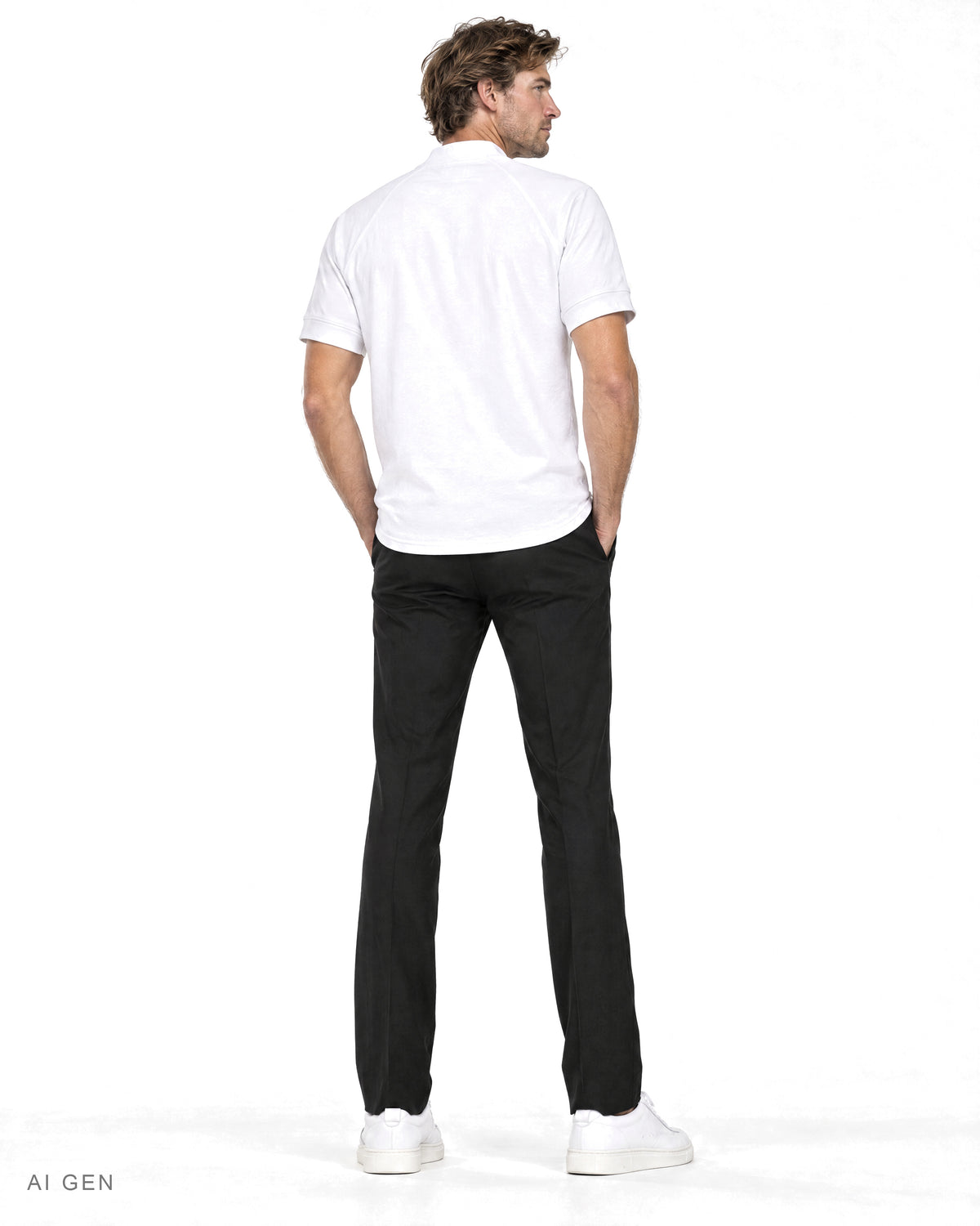 Pitt Conrad TECH PRIME – t-shirt bianca a collo alto con maniche raglan indossata da un modello, vista posteriore