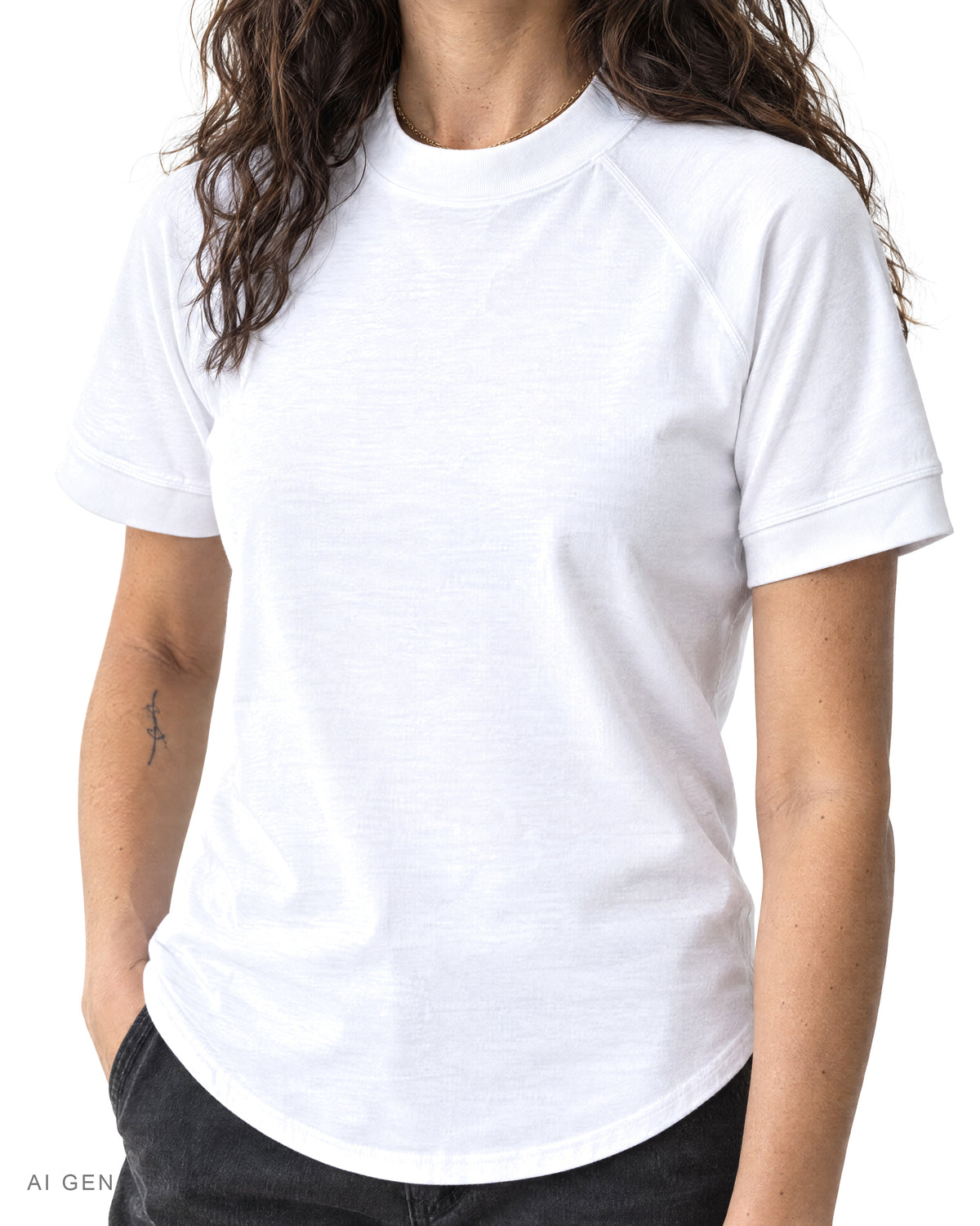 TECH PRIME – t-shirt bianca a collo alto con maniche raglan, indossata da una modella – dettaglio