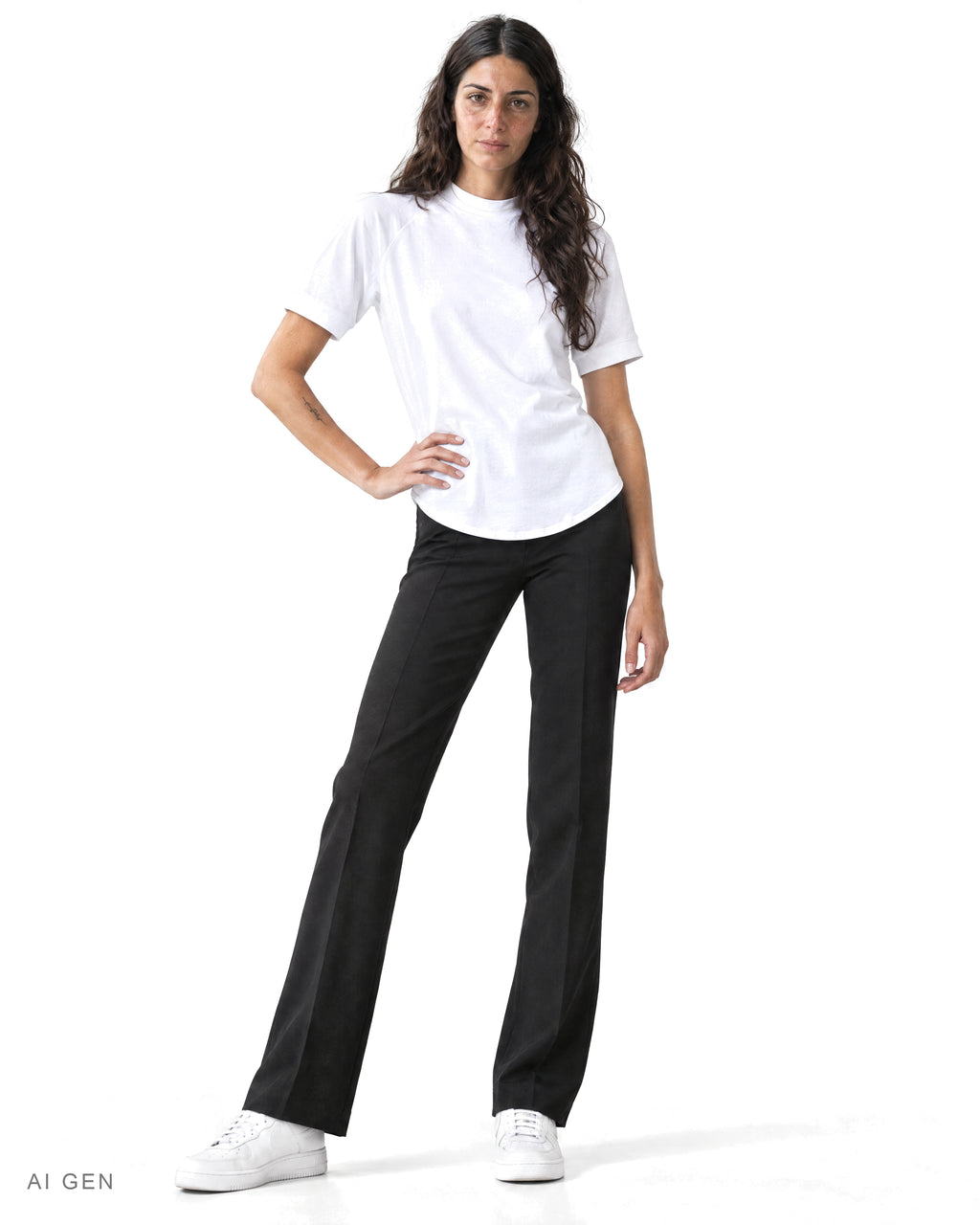 TECH PRIME – t-shirt bianca a collo alto con maniche raglan, indossata da una modella – vista frontale