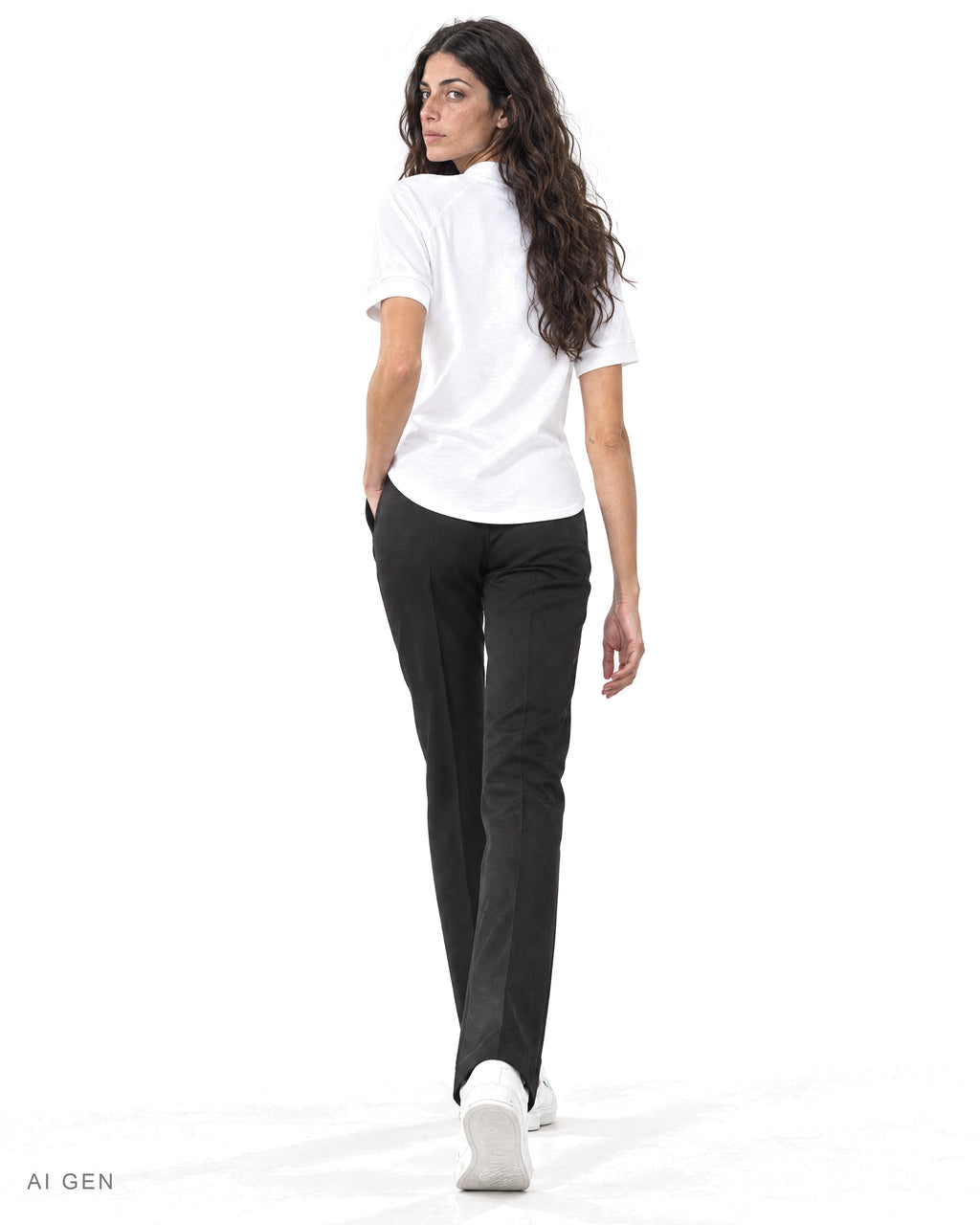 TECH PRIME – t-shirt bianca a collo alto con maniche raglan, indossata da una modella – vista posteriore