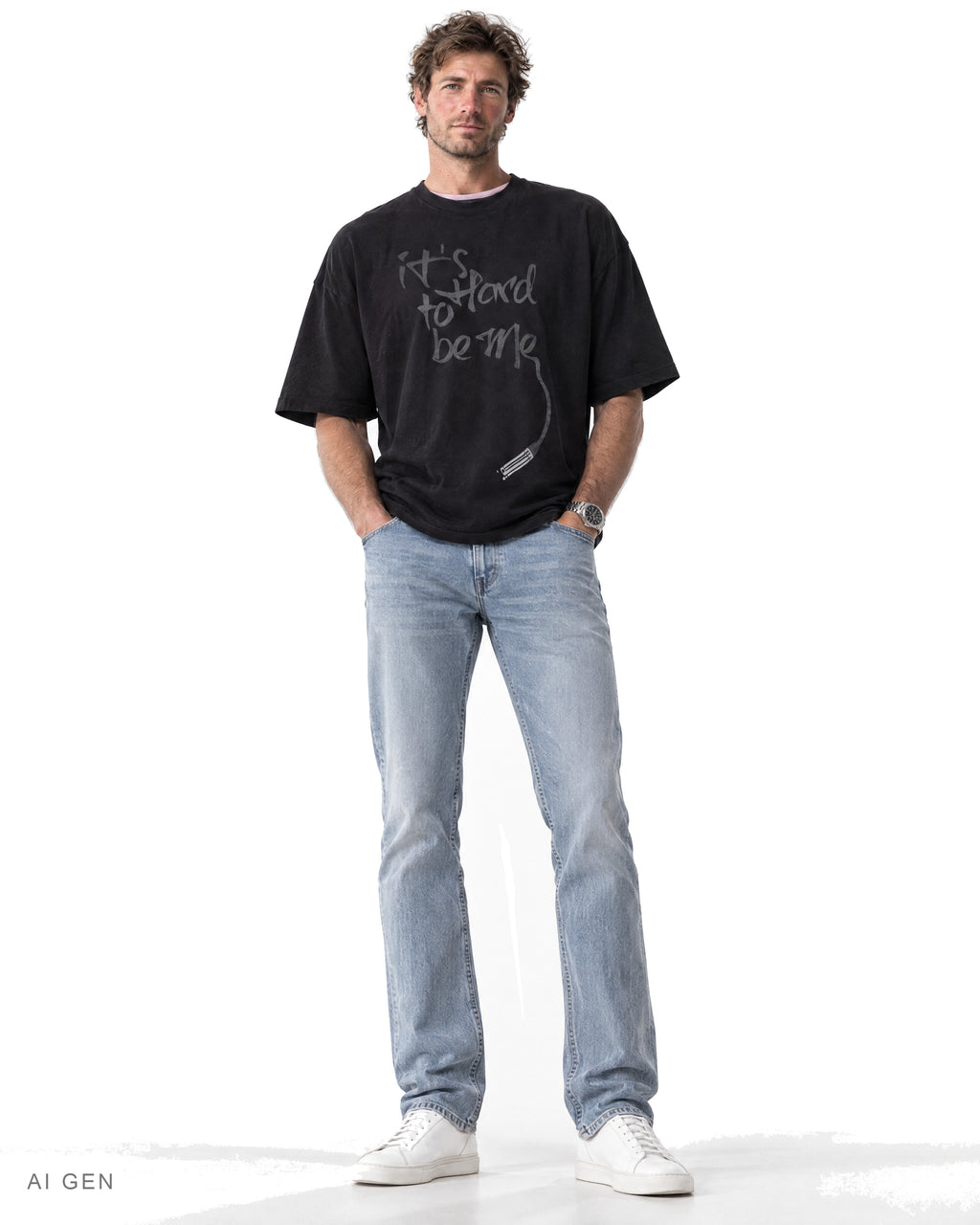 IT'S HARD TO BE ME – t-shirt nera, indossata da un modello – vista frontale