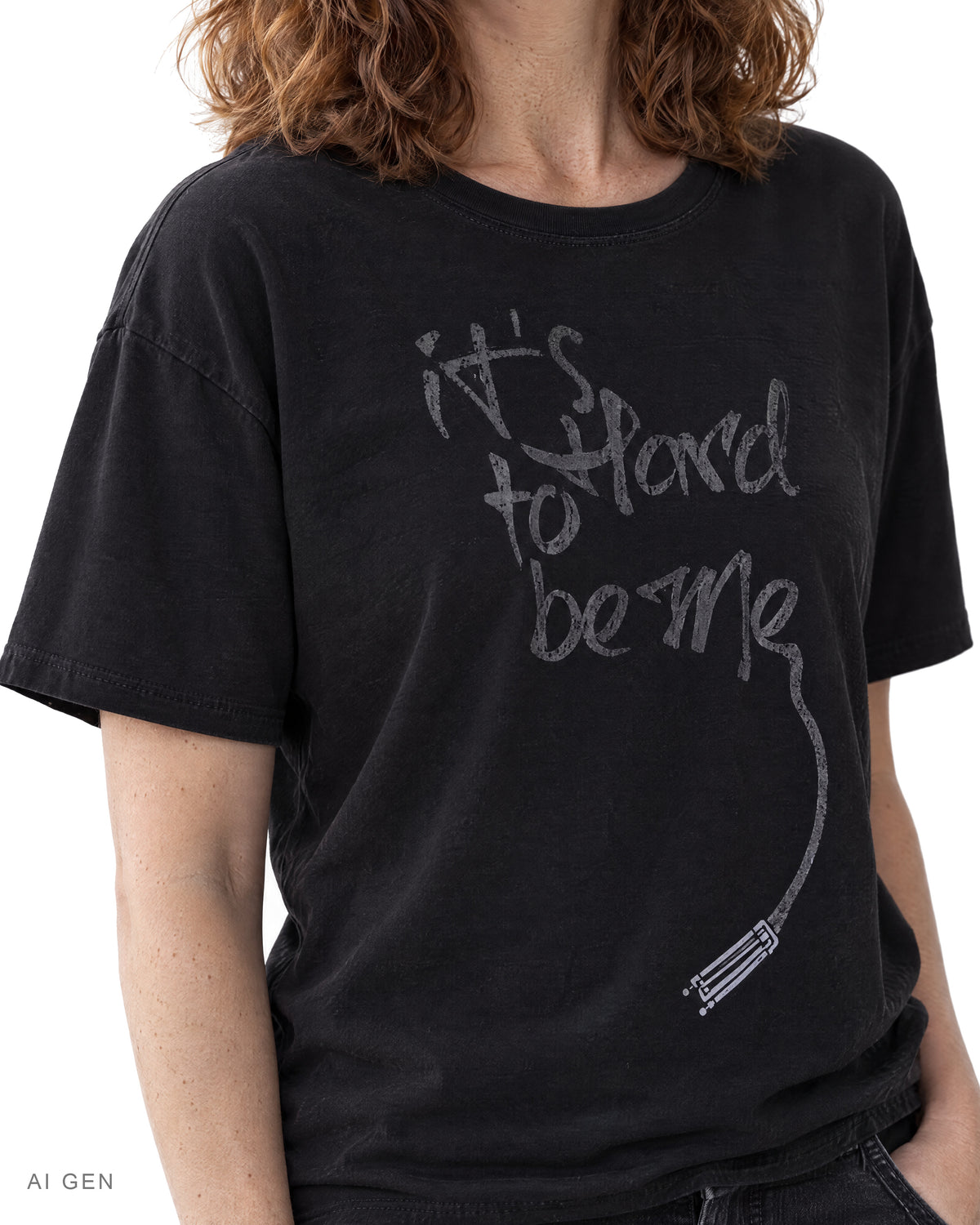 IT'S HARD TO BE ME – t-shirt nera, indossata da una modella – dettaglio della stampa