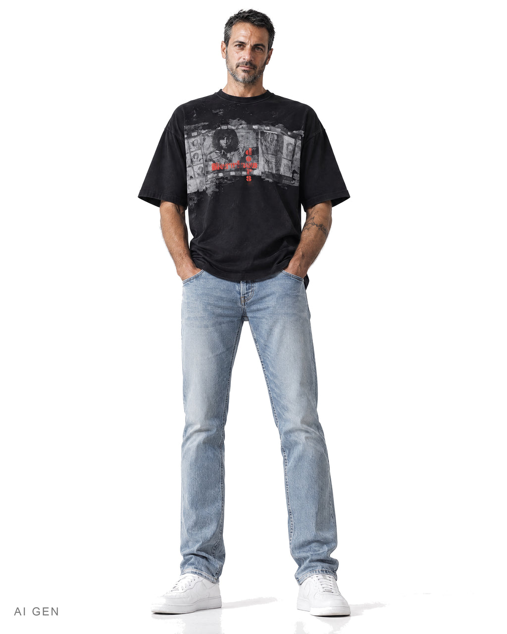 CONTACT SHEET – t-shirt nera oversize con stampa fotografica, indossata da un modello – vista frontale