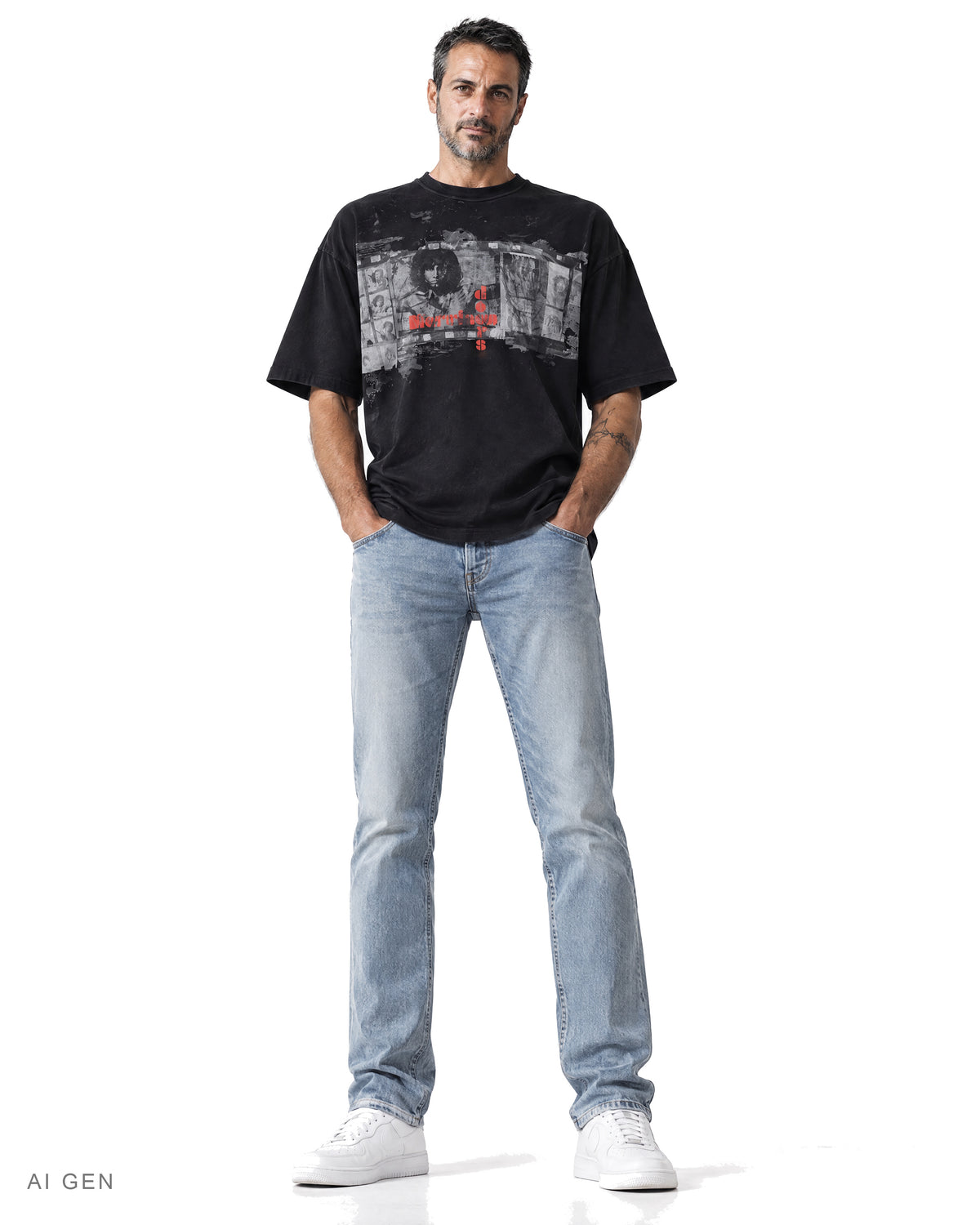 CONTACT SHEET – t-shirt nera oversize con stampa fotografica, indossata da un modello – vista frontale