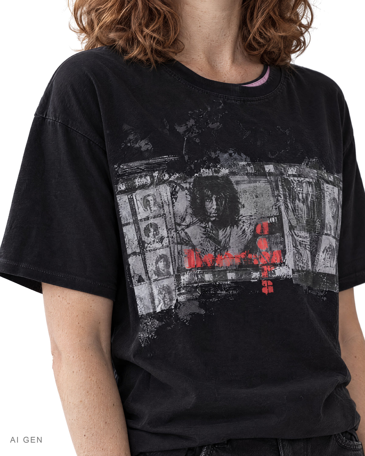 CONTACT SHEET – t-shirt nera oversize con stampa fotografica, indossata da una modella – dettaglio della stampa