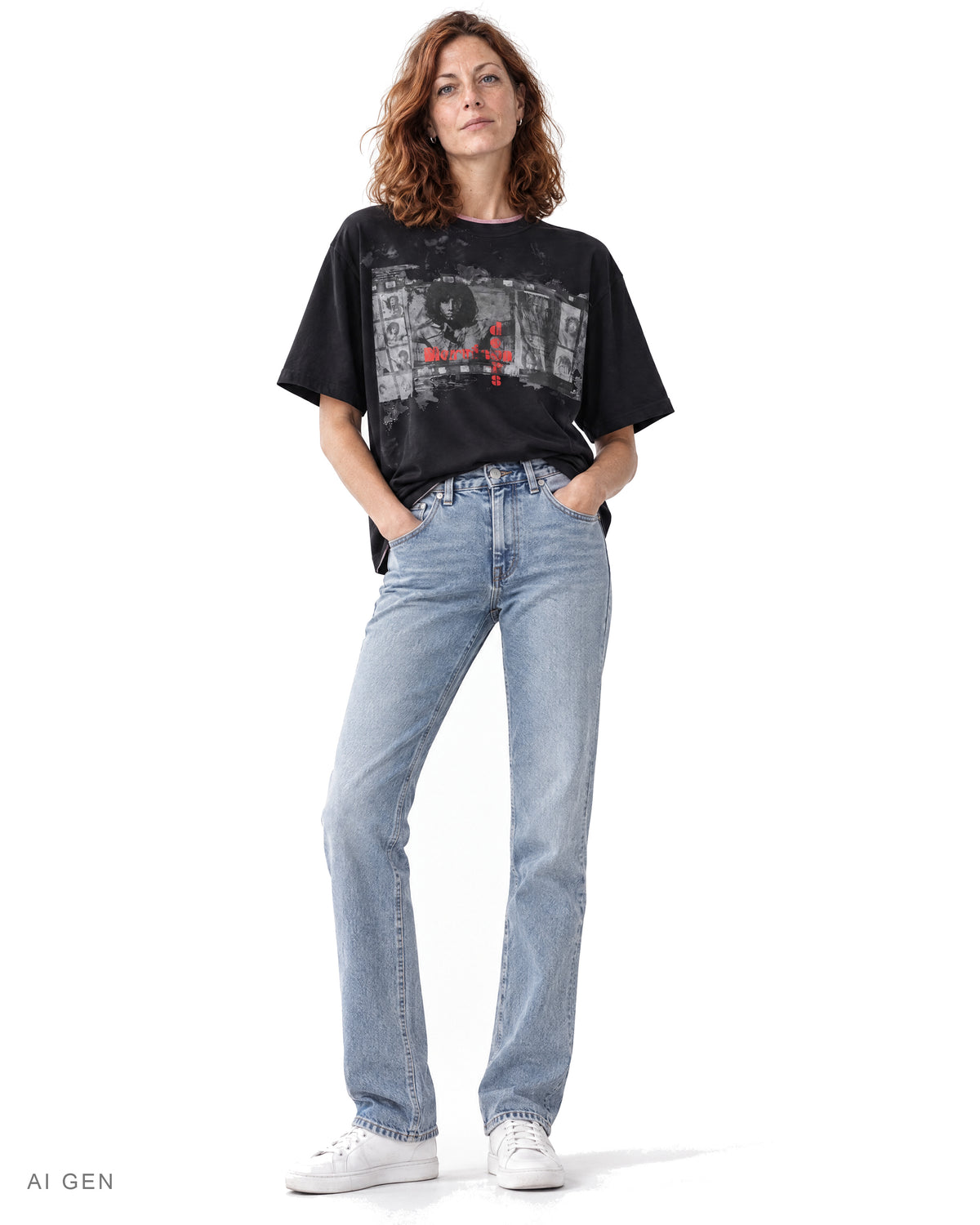 CONTACT SHEET – t-shirt nera oversize con stampa fotografica, indossata da una modella – vista frontale