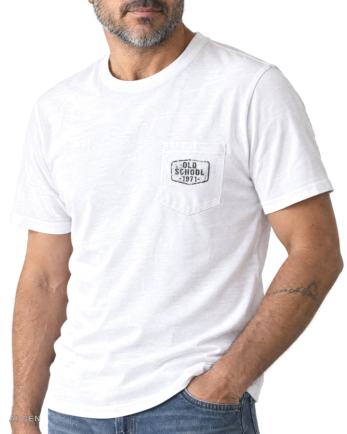 OLD SCHOOL 1971 POCKET – t-shirt bianca con taschino, indossata da un modello – dettaglio del taschino
