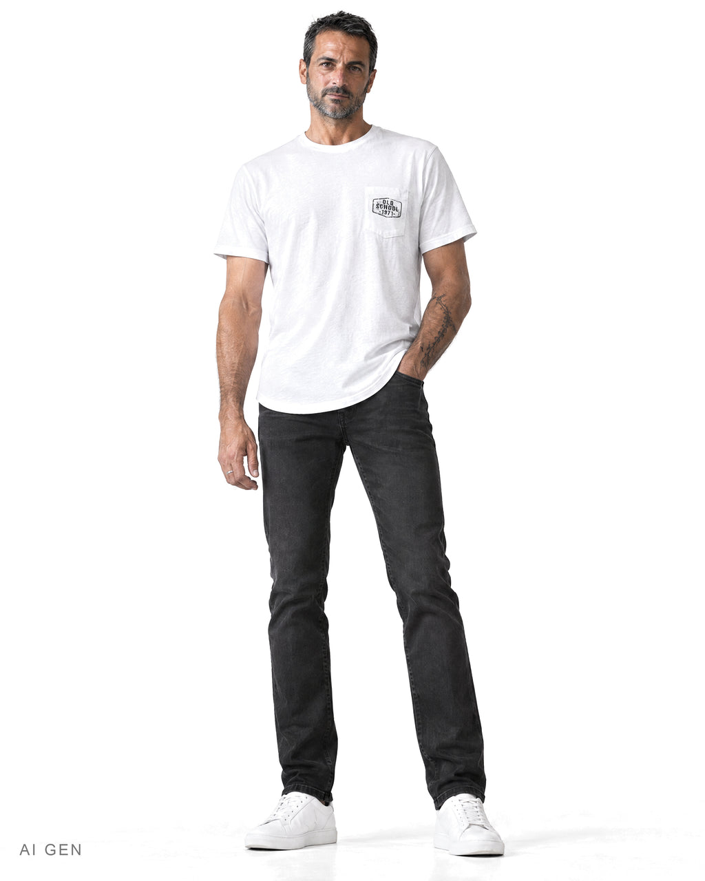 OLD SCHOOL 1971 POCKET – t-shirt bianca con taschino, indossata da un modello – vista frontale