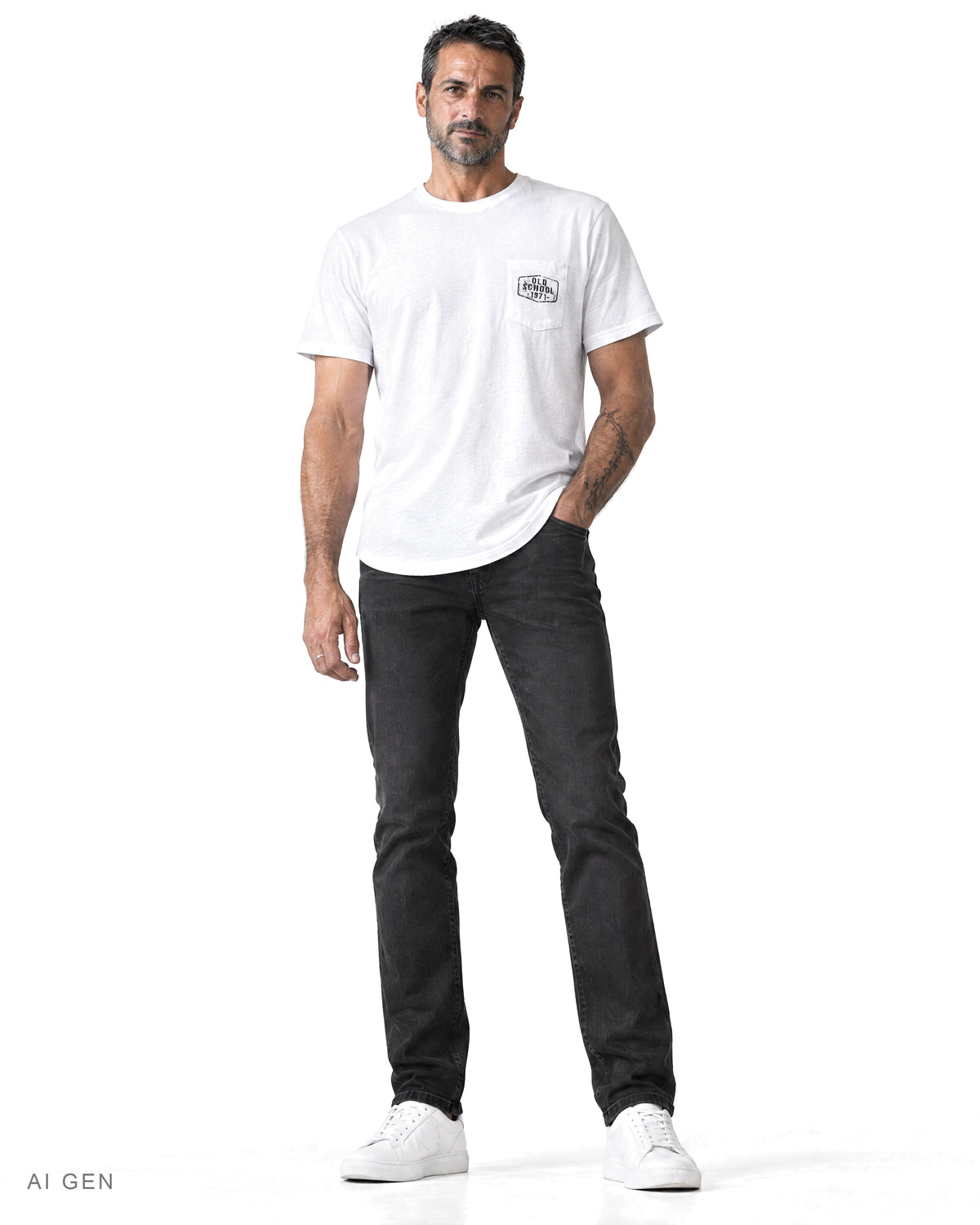 OLD SCHOOL 1971 POCKET – t-shirt bianca con taschino, indossata da un modello – vista frontale