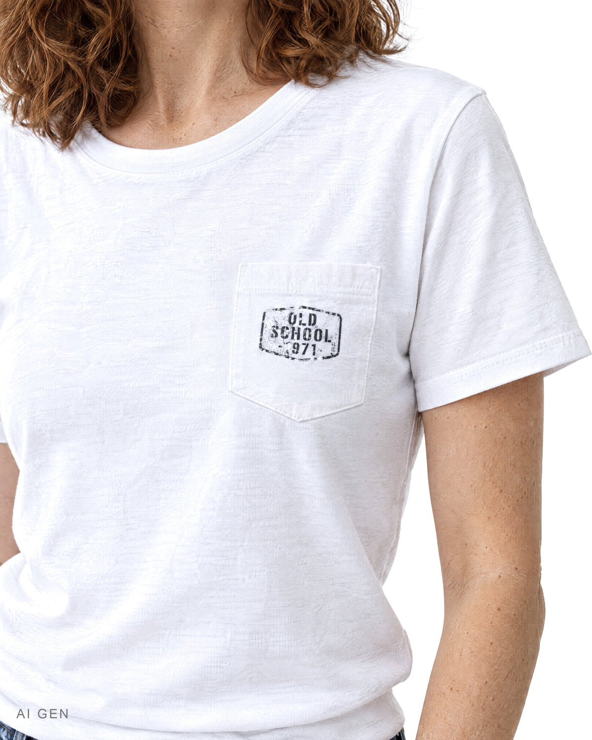 OLD SCHOOL 1971 POCKET – t-shirt bianca con taschino, indossata da una modella – dettaglio del taschino