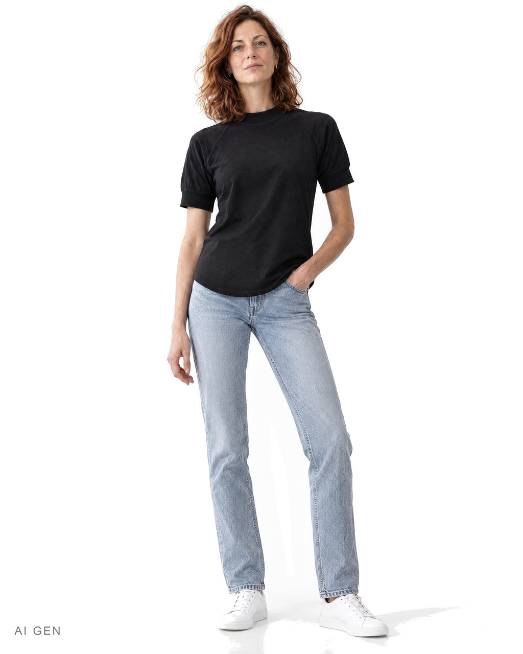 Pitt Conrad TECH PRIME – t-shirt nera a collo alto con maniche raglan indossata da una modella, vista frontale
