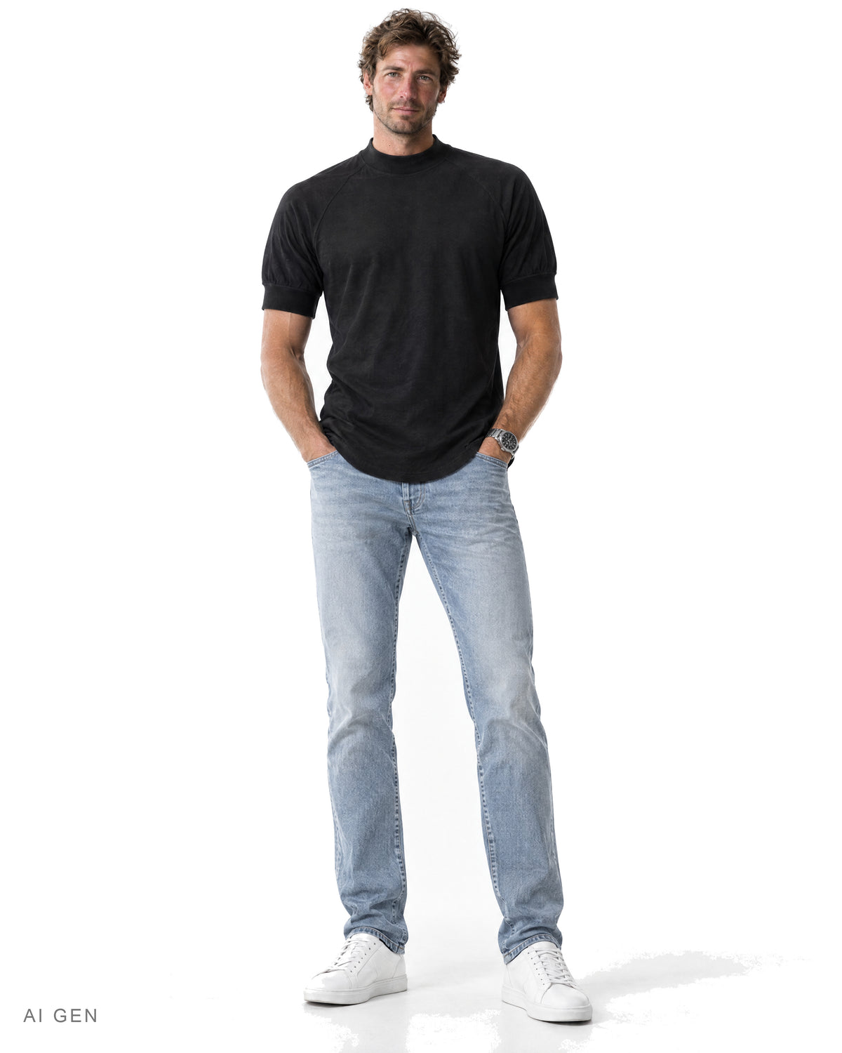 TECH PRIME – t-shirt nera a collo alto con maniche raglan, indossata da un modello – vista frontale