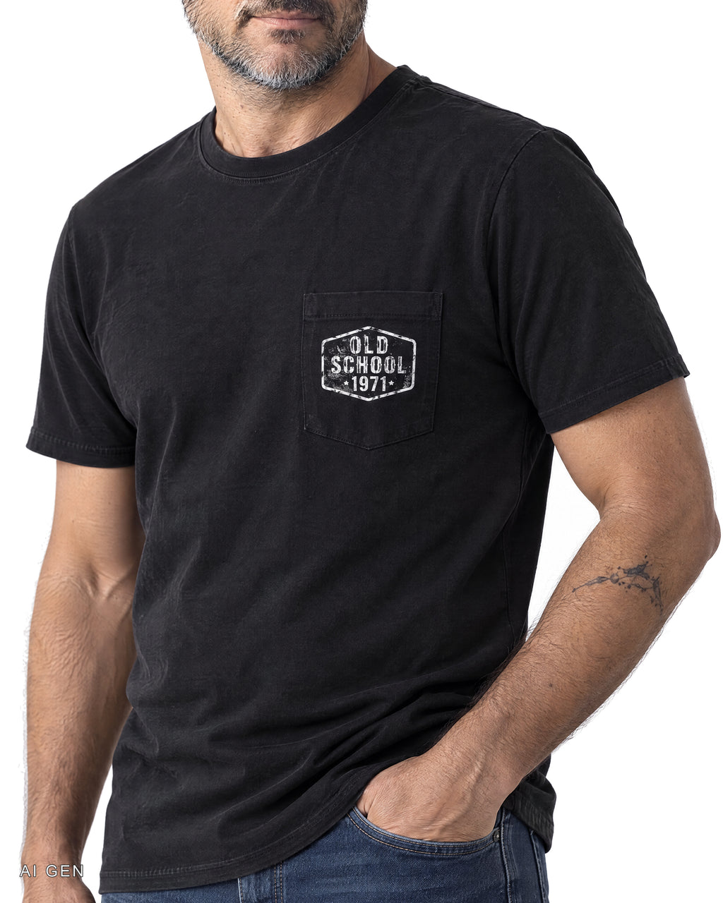 OLD SCHOOL 1971 POCKET – t-shirt nera con taschino, indossata da un modello – dettaglio del taschino