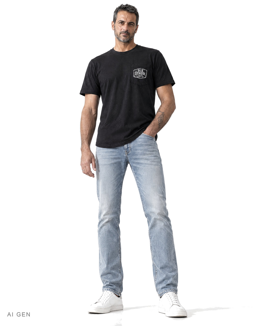 OLD SCHOOL 1971 POCKET – t-shirt nera con taschino, indossata da un modello – vista frontale