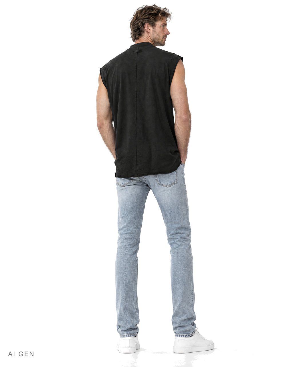 Pitt Conrad TECH PRIME – t-shirt smanicata nera a collo alto indossata da un modello, vista posteriore
