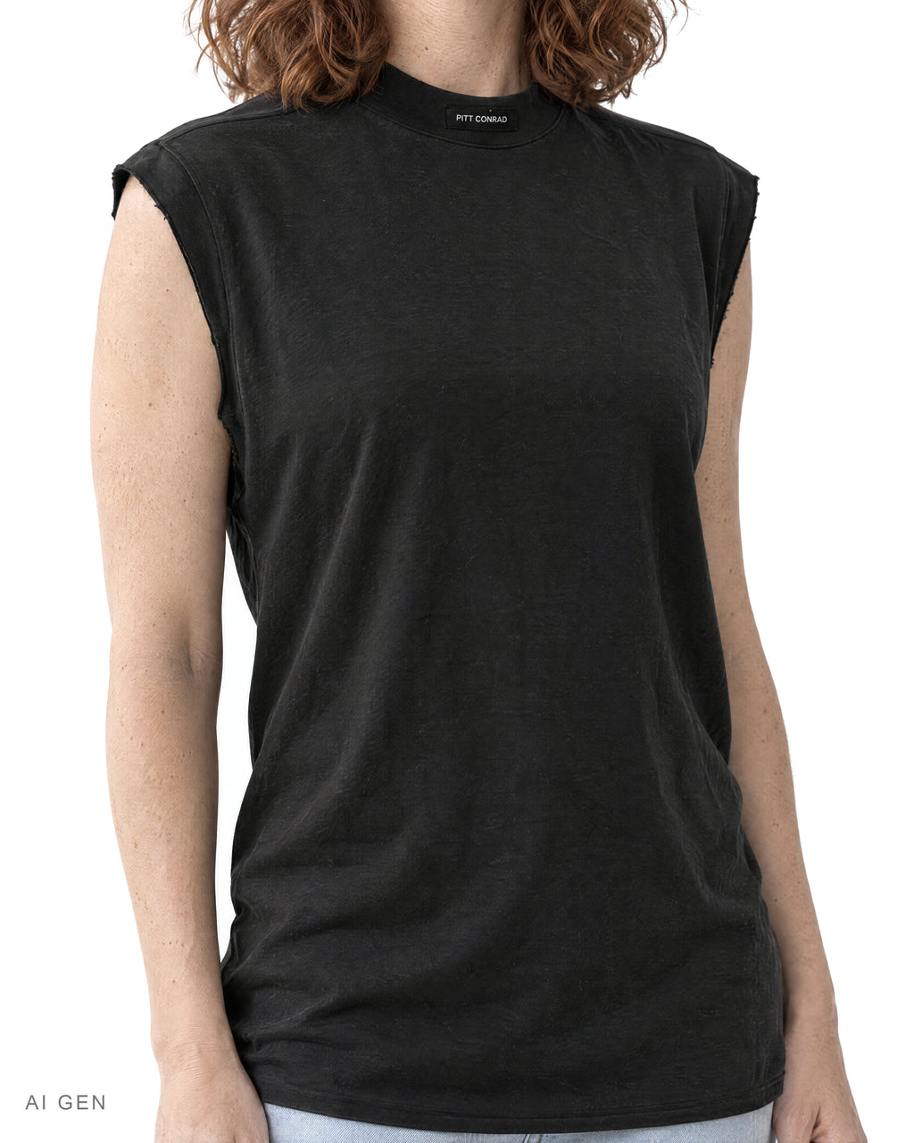 TECH PRIME – t-shirt smanicata nera a collo alto, indossata da una modella – dettaglio del collo