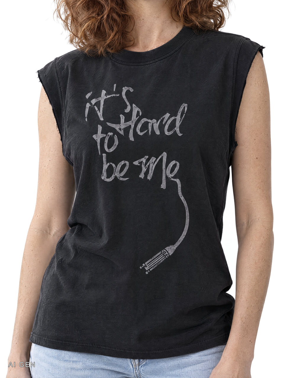 IT'S HARD TO BE ME – t-shirt smanicata nera, indossata da una modella – dettaglio