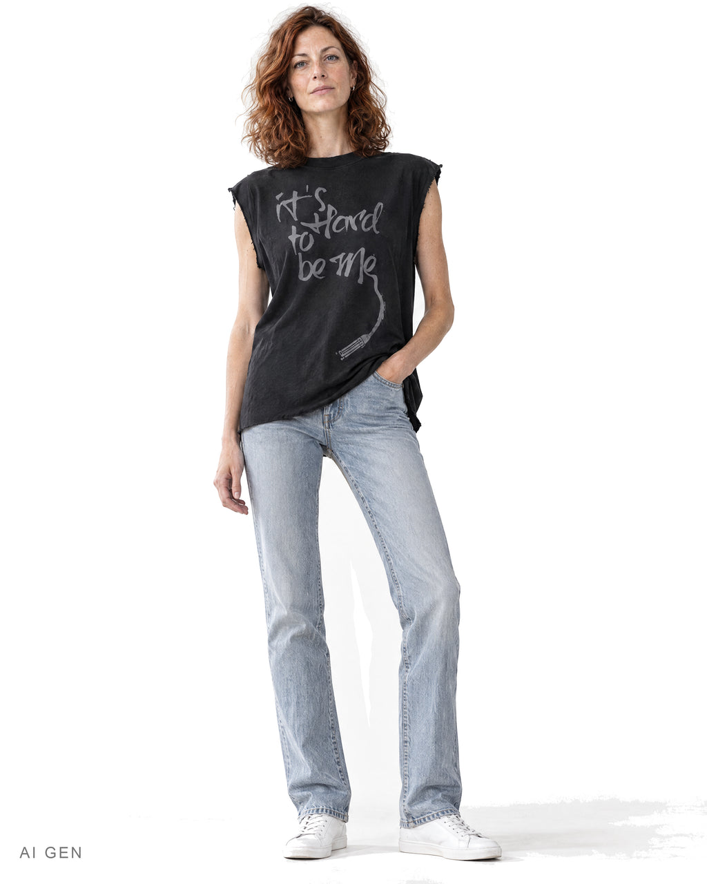 IT'S HARD TO BE ME – t-shirt smanicata nera, indossata da una modella – vista frontale