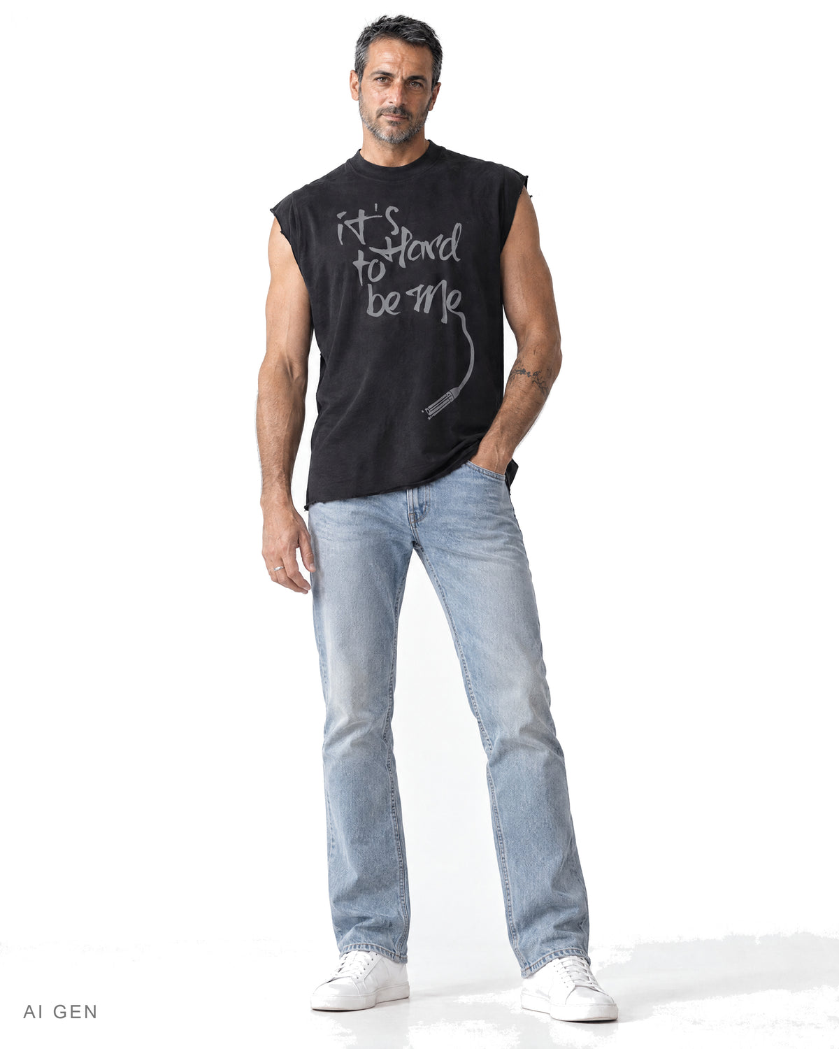 IT'S HARD TO BE ME – t-shirt smanicata nera, indossata da un modello – vista frontale