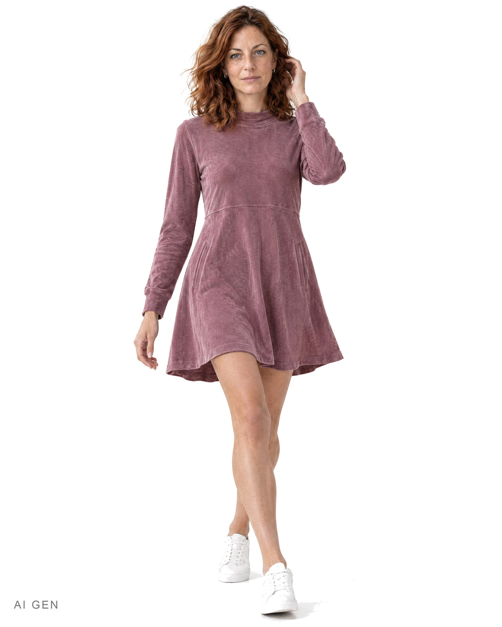 MALVA – vestito in velour malva a collo alto, indossato da una modella – vista frontale