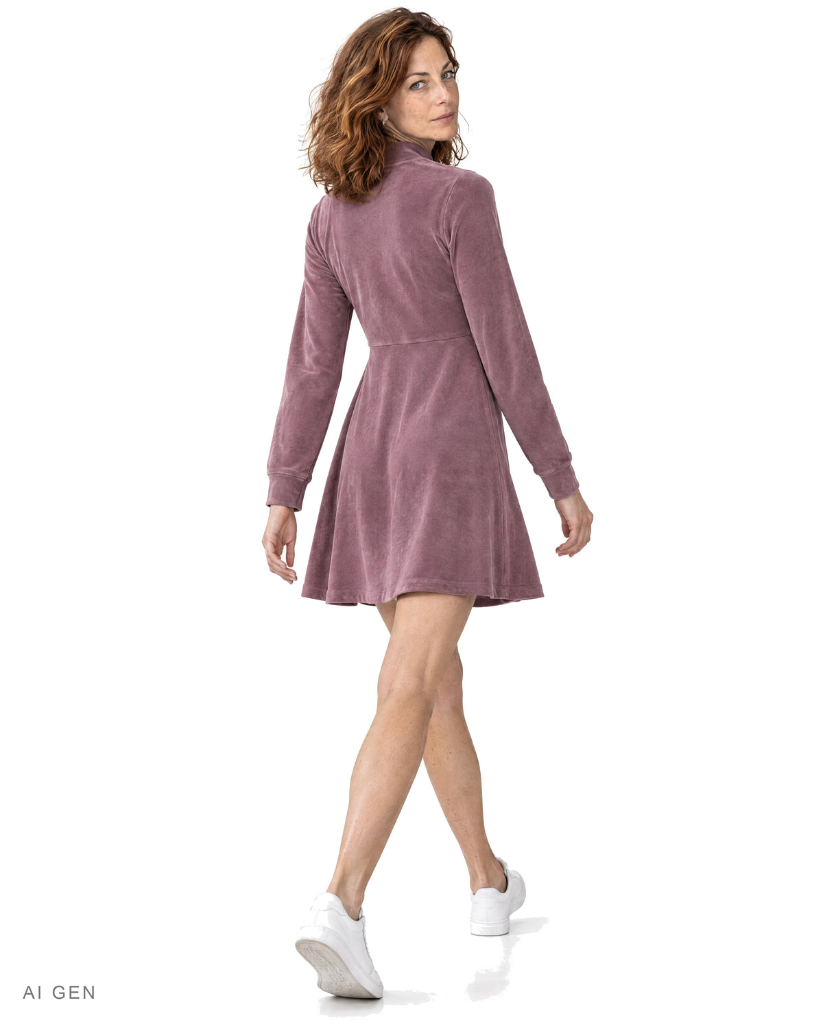MALVA – vestito in velour malva a collo alto, indossato da una modella – vista posteriore