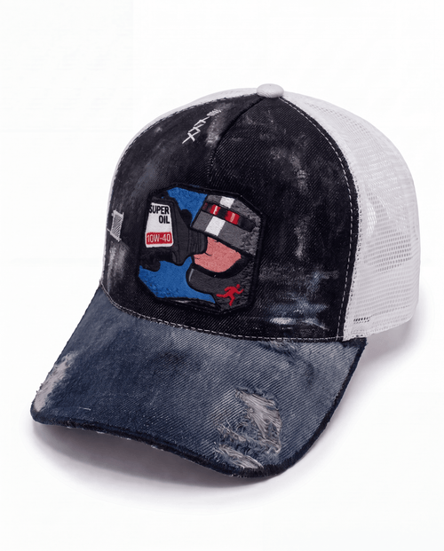 Cappellino trucker in denim 10W-40 fatto a mano in Italia, in saldo — Pitt Conrad